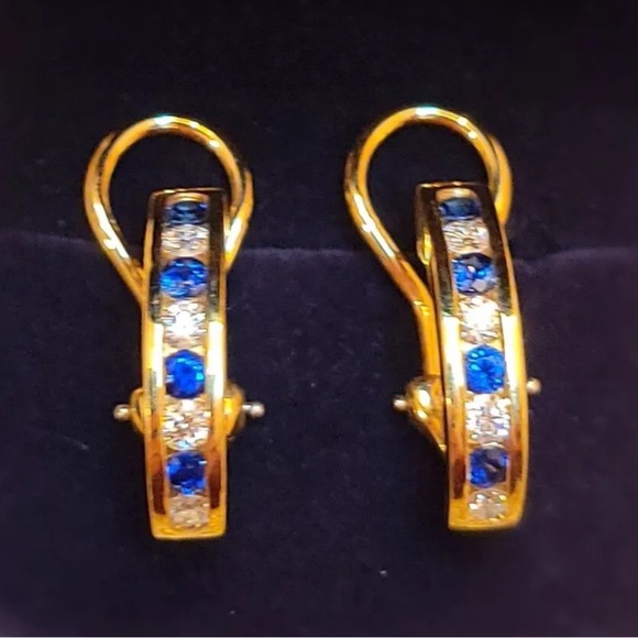Authentic Tiffany & Co 18K Yellow Gold Diamond & Sapphire Huggie Earrings - Picture 2 of 10
